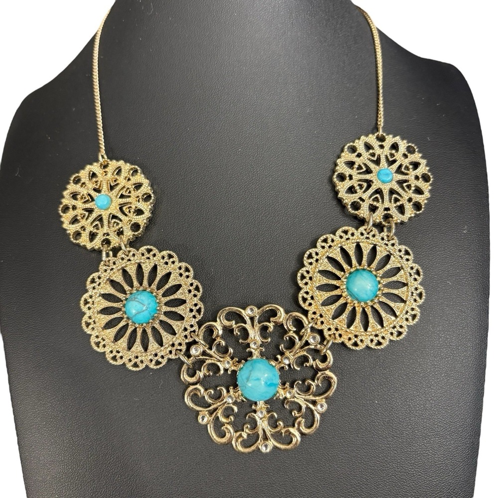 Express Faux Turquoise Necklace Open Medallion Gold Tone Southwest Style‎ BOHO